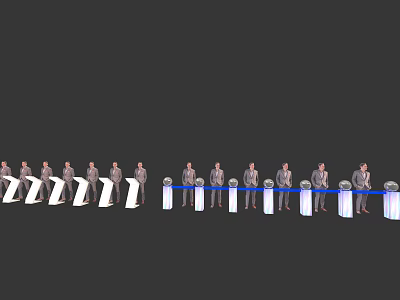 Commercial Equipment Display With People In Suits Lined Up By White Units And Blue Barriers 3d model