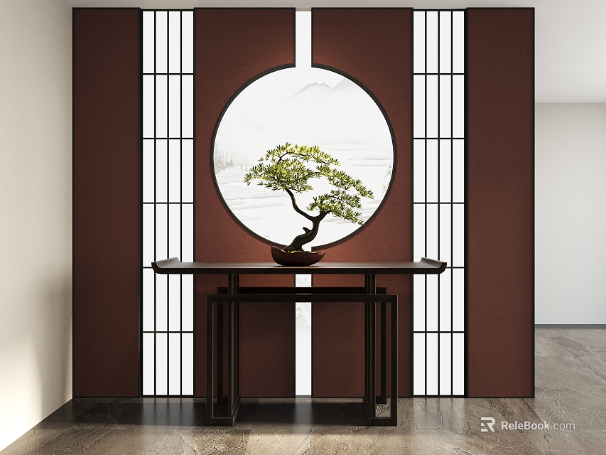 Traditional Entryway with Circular Bonsai Decor Brown Wall White Vertical Stripes and Dark Console Table 3d model 
