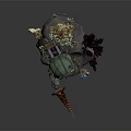 Fantasy Game and Movie Character With Mechanical Head Purple Crystals And Rock Base
