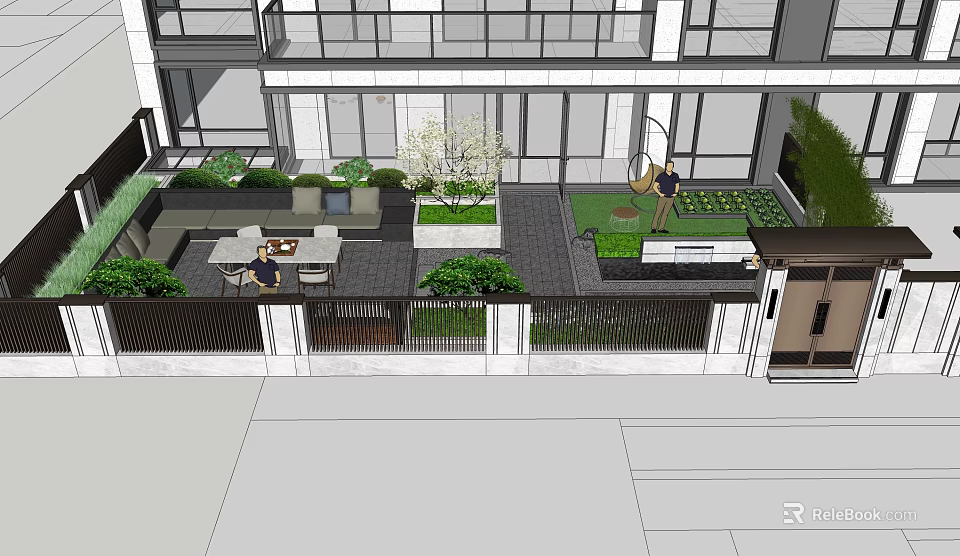 Serene Courtyard Garden With Outdoor Seating Lush Greenery And Stone Pathway 3d model 