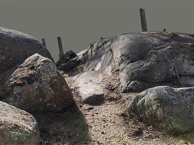 Natural Outdoor Scene Featuring Large Stones And Wooden Posts With Dirt And Wild Grass 3d model