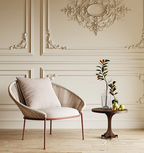 Elegant Rattan Leisure Chair With Cushion And Side Table By Decorative Wall 3d model 