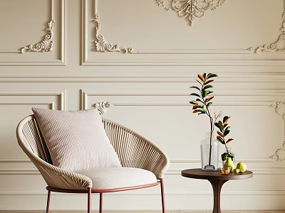 Elegant Rattan Leisure Chair With Cushion And Side Table By Decorative Wall 3d model