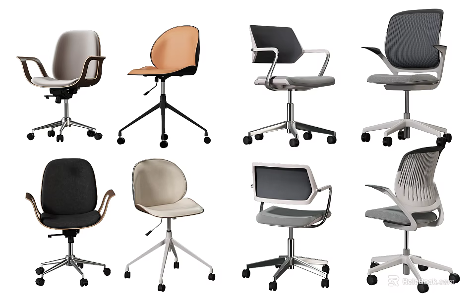 Modern Office Chairs With Various Styles Multiple Colors And Wheeled Base 3d model 