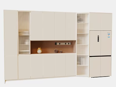 Modern Cream Colored Sideboard With Glass Doors Open Shelves And Decorative Items 3d model