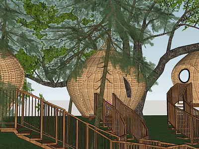 Honeycomb Shaped Wooden House Surrounded by Trees with Wooden Stairs and Railings 3d model