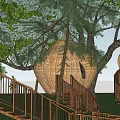 Honeycomb Shaped Wooden House Surrounded by Trees with Wooden Stairs and Railings