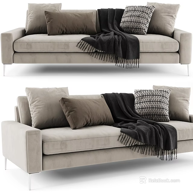 Modern Light Gray Sofa Set With Brown Throw Pillows And Black Blanket 3d model