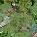 Children's Play Area In Natural Setting With Green Trees Plants Dome Structures And Stream
