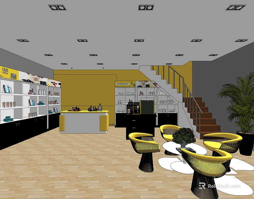 Shopping Mall Store With Yellow Walls Shelves Counter Staircase Yellow Chairs And Wooden Flooring 3d model 