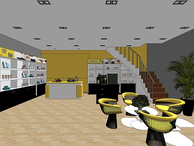 Shopping Mall Store With Yellow Walls Shelves Counter Staircase Yellow Chairs And Wooden Flooring 3d model