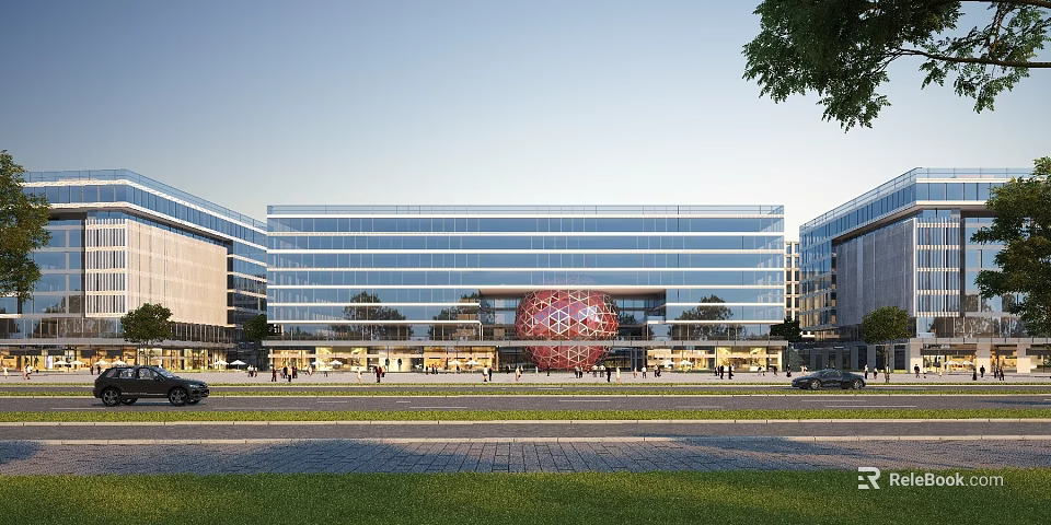 Modern Office Building with Glass Curtain Walls Red Spherical Sculpture and Surrounding Trees and Cars 3d model 