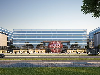 Modern Office Building with Glass Curtain Walls Red Spherical Sculpture and Surrounding Trees and Cars 3d model