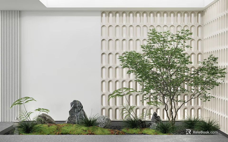 Modern Plant Combination With Stone Grass White Wall And Perforated Partition 3d model