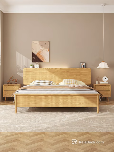 Double Bed with Wooden Headboard Nightstands Abstract Painting and Pendant Light in Modern Minimalist Style 3d model 