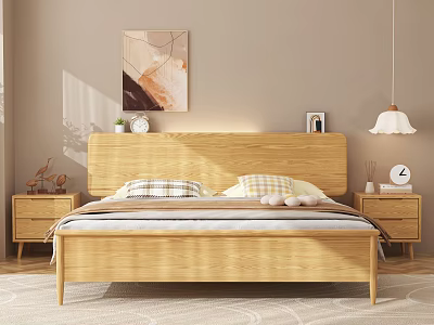 Double Bed with Wooden Headboard Nightstands Abstract Painting and Pendant Light in Modern Minimalist Style 3d model