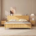 Double Bed with Wooden Headboard Nightstands Abstract Painting and Pendant Light in Modern Minimalist Style