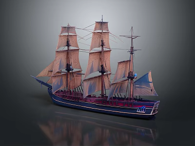 Vintage Sailing Ship With Multiple Masts Large Sails Blue And Purple Hull And Reflection 3d model