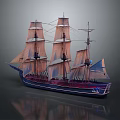 Vintage Sailing Ship With Multiple Masts Large Sails Blue And Purple Hull And Reflection