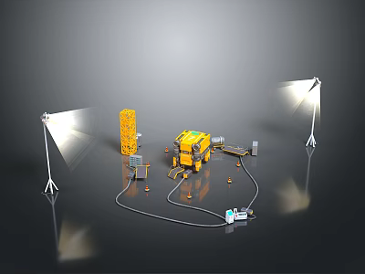 Yellow Industrial Equipment Setup With White Light Stands Connecting Cables And Small Components 3d model