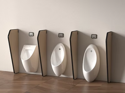Wall Mounted Modern Urinals With Wooden Dividers Light Colored Wall And Wooden Floor 3d model