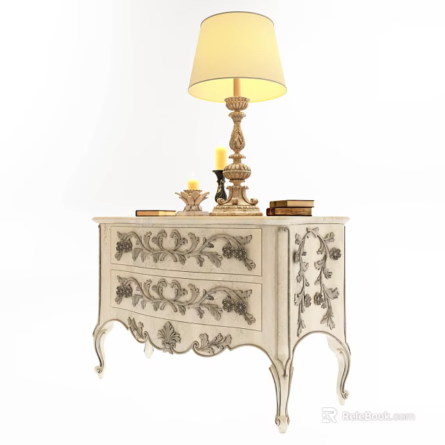 Elegant European Carved Bedside Table With Drawers Lamp Candles And Books 3d model 