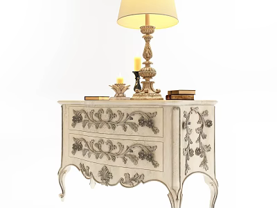 Elegant European Carved Bedside Table With Drawers Lamp Candles And Books 3d model