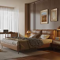 Warm Bedroom With Brown Leather Headboard Quilt Pillows Nightstand Lamp Paintings And Book On Carpet