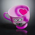Pink Cartoon Cat Design Mug With Heart Shape Glasses And Whiskers For Daily Use
