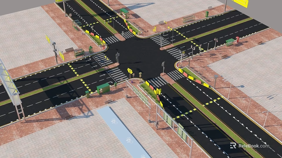 Urban Road Infrastructure at Intersection With Traffic Lanes Zebra Crossings and Guardrails 3d model 