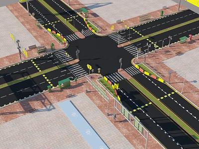 Urban Road Infrastructure at Intersection With Traffic Lanes Zebra Crossings and Guardrails 3d model