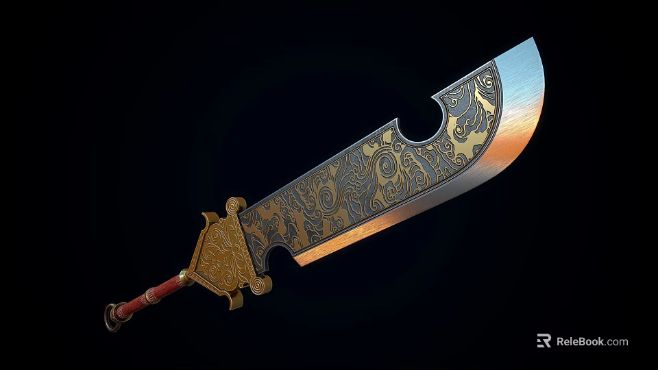 Ancient Ornamental Sword With Intricate Gold And Black Patterns And Red Handle 3d model 
