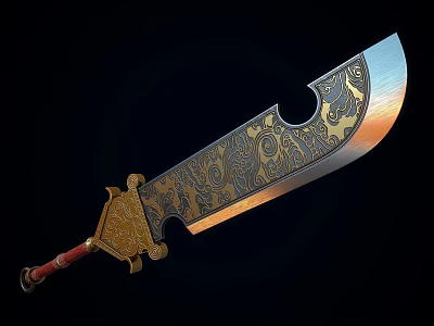 Ancient Ornamental Sword With Intricate Gold And Black Patterns And Red Handle 3d model