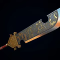 Ancient Ornamental Sword With Intricate Gold And Black Patterns And Red Handle