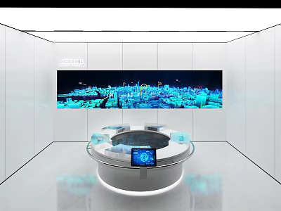 Modern Exhibition Space Featuring Circular Display Table And Large Background Screen 3d model
