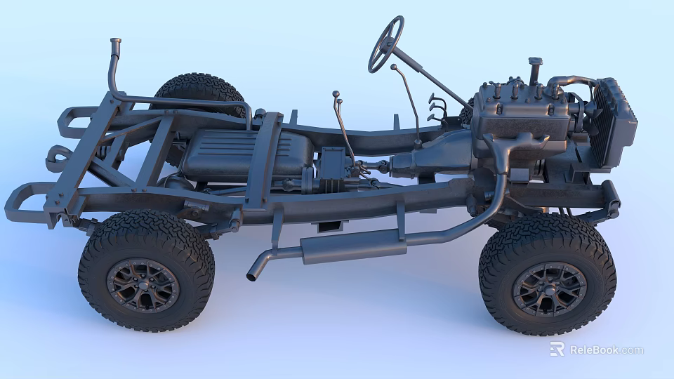 Detailed Car Chassis Structure With Tires Steering Wheel And Engine Components 3d model 