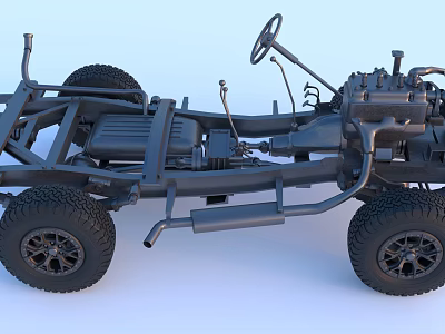 Detailed Car Chassis Structure With Tires Steering Wheel And Engine Components 3d model