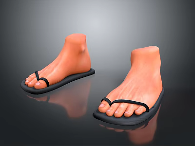 Black Flip Flops Comfortable Summer Footwear On Foot Model With Simple Straps And Soft Soles 3d model