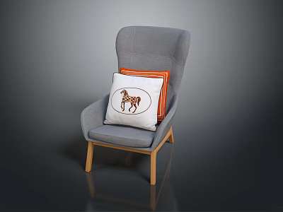 Modern Gray Armchair Interior With White Pillow Giraffe Pattern And Orange Pillow 3d model