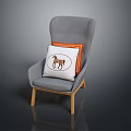 Modern Gray Armchair Interior With White Pillow Giraffe Pattern And Orange Pillow