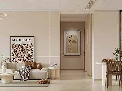 Modern Neutral Living Dining Room Interior With Sofa Dining Chairs Decorative Art And Beige Walls 3d model
