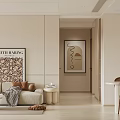 Modern Neutral Living Dining Room Interior With Sofa Dining Chairs Decorative Art And Beige Walls