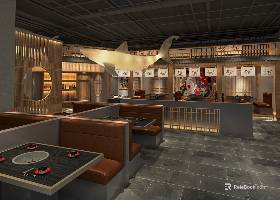 Japanese Restaurant Interior Design With Cozy Booth Seating Wooden Tables And Dining Area 3d model 