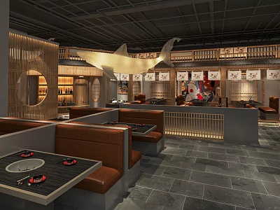 Japanese Restaurant Interior Design With Cozy Booth Seating Wooden Tables And Dining Area 3d model