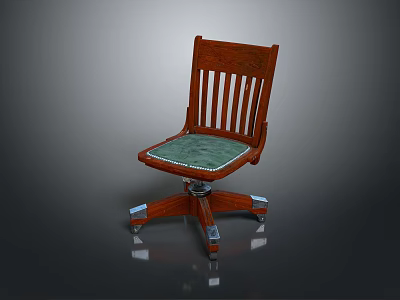 Classic Wooden Office Chair With Vertical Slat Backrest Green Fabric Cushion And Metal Wheeled Base 3d model