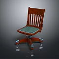 Classic Wooden Office Chair With Vertical Slat Backrest Green Fabric Cushion And Metal Wheeled Base