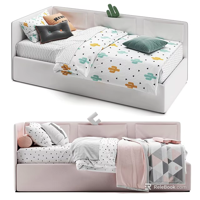 Modern Bedroom Beds With White Pink Frames Cactus Geometric Patterns 3d model