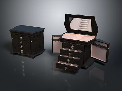 Black Decorative Jewelry Boxes With Open And Closed Design Pink Lining Multiple Drawers And Mirror 3d model