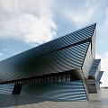 Modern Museum Building with Metal Material Geometric Design and Palm Trees under Blue Sky Plaza