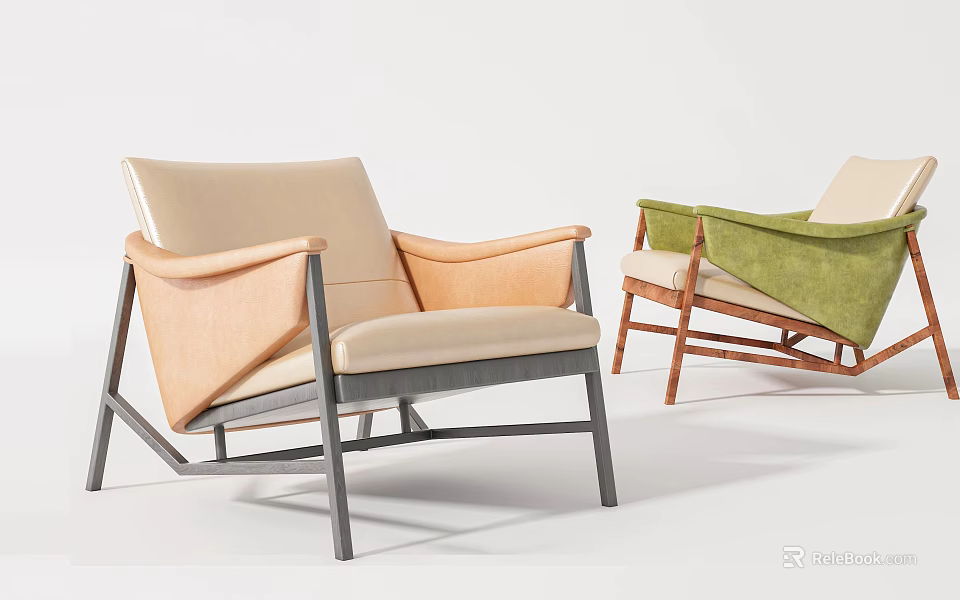 Modern Single Sofa Chairs with Beige Green Upholstery and Metal Wooden Frames 3d model 